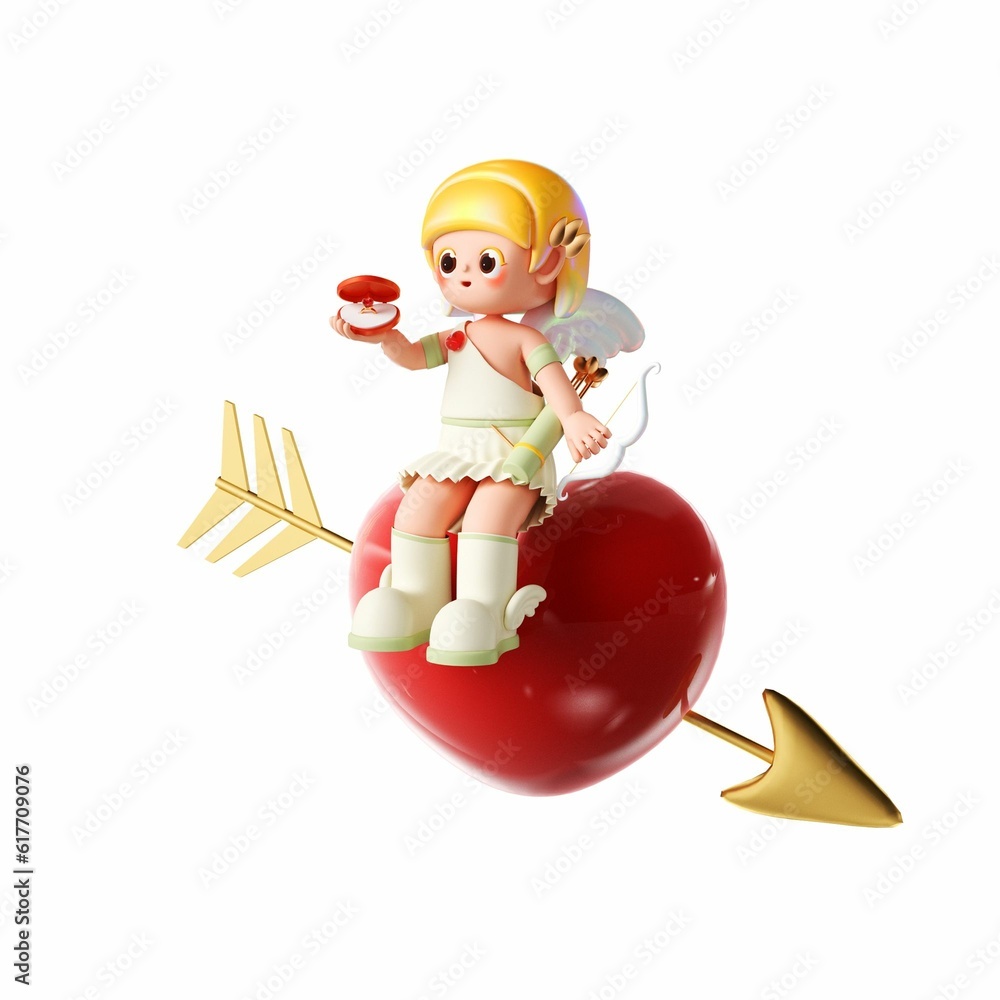 Poster a small figurine with an arrow on it is on top of a red