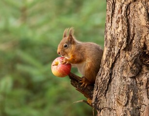 Adorable red squirrel perched atop a tree trunk nibbling on a juicy red apple © Sarahlou Photography/Wirestock Creators