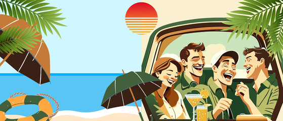 Obraz premium Road trip of a group of friends who smile and laugh happily on a trip to the beach during their summer vacation. Relaxation, illustration