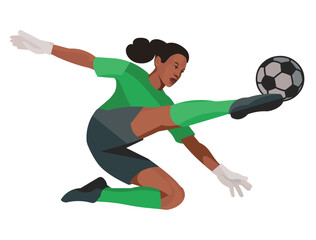 Fototapeta na wymiar Nigerian women's football girl goalkeeper in green sports gear kicks the ball with foot