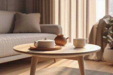 Fototapeta na wymiar a close-up shot of a single cozy coffee table set place in a living room, sweet and minimal
