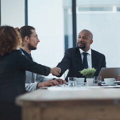 Handshake, meeting and business people or manager partnership, b2b onboarding and thank you,...