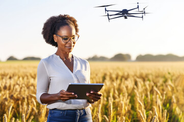 Naklejka na ściany i meble The Afro-American female agronomist scientist yield estimation in the field remotely controls the quadcopter. Drone technology in agricultural. Concept of new agricultural technologies. Generative AI