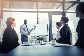 Presentation, speaker or business people in a meeting for graphs report or chart analysis in a...