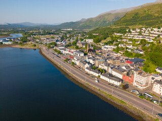 Aerial drone photo of the town centre in Fort William in Scotland