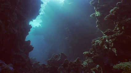 Coral caves on sunny day in bright sunlight, Backlighting (Contre-jour) Red sea, Safaga, Egypt