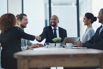 Hand shake, business meeting and people or manager partnership, lawyer agreement and thank you, success or deal. Corporate woman, clients or employees shaking hands in thanks, negotiation or law firm