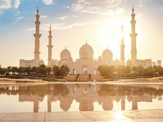 20 March 2023, Abu Dhabi, UAE: Sheikh Zayed Mosque largest mosque of UAE located in Abu Dhabi capital city of United Arab Emirates. The 3rd largest mosque in world. Beautiful photo in sunset light
