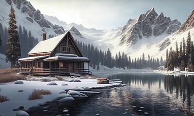 AI generated illustration of a picturesque log cabin situated on shore of a tranquil lake in winter