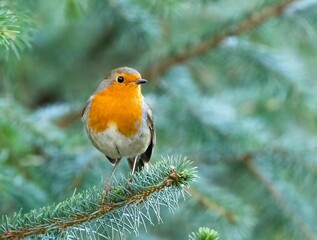 Beautiful redbreast robin bird perched on a branch of a tall pine tree