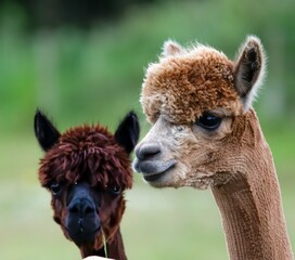 Fototapeta premium Closeup of two adorable fluffy alpacas standing in a lush green field