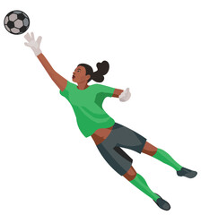 Fototapeta na wymiar Soutn African women's football girl goalkeeper in a green sports uniform and gloves jumping and catching the ball