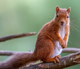 Red squirrel perched on a branch of a tree, looking off into the distance