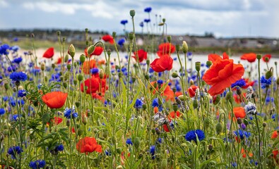Lush green meadow filled with blue cornflowers and red poppies © Sarahlou Photography/Wirestock Creators