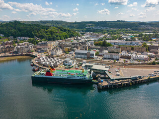 Drone photo of a ferry boat in the harbour of Oban in Scotland