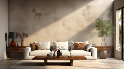 Modern interior design of living room with white sofa, coffee table, soft stucco wall. Created with generative AI.