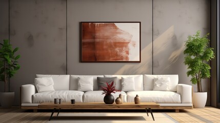 Modern interior design of living room with white sofa, coffee table, soft stucco wall. Created with generative AI.