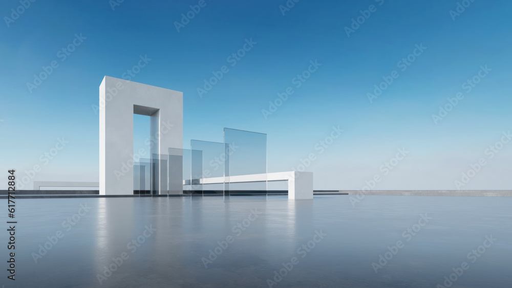 Poster 3d render of abstract futuristic glass architecture with empty concrete floor.