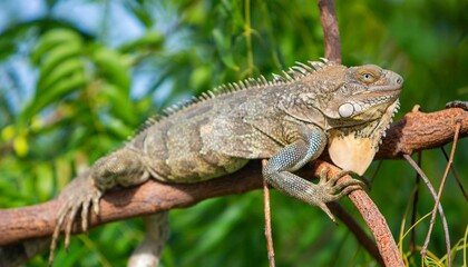 a large lizard is perched on a tree branch near leaves