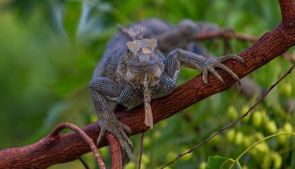 A big iguana on a tree branch with a blurred background