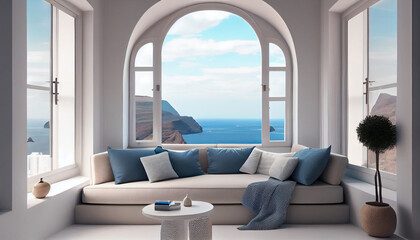 Fototapeta na wymiar Luxury apartment terrace Santorini Interior of modern living room sofa or couch with beautiful sea view Ai generated image