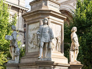 Basement of the statue of Leonardo da Vinci in Carrara Marble, erected in 1872, in Piazza alla...