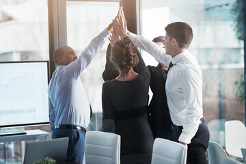 Business people, meeting and high five, team building and winning with success, celebration and support. Mission, professional mindset and teamwork with corporate group, partnership and collaboration