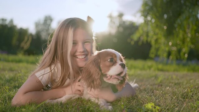Portrait of little cute girl and pet dog walking, having fun in summer park at sunset outdoors. Little girl holding hugging favourite pedigree dog friend, Happy family kid friendship dream holiday