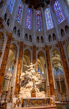 group of figures on the high altar and lead windows in the cathedrale Notre Dame in Chartres in the Region Centre-Val de Loire, France