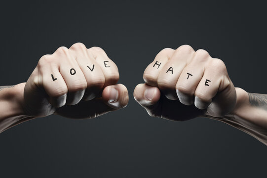 fists with the words love and hate tattooed on the fingers