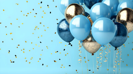 Blue and gold flying balloon on light blue background created with Generative AI 