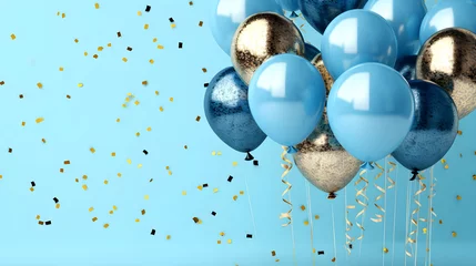 Selbstklebende Fototapete Ballon Blue and gold flying balloon on light blue background created with Generative AI 