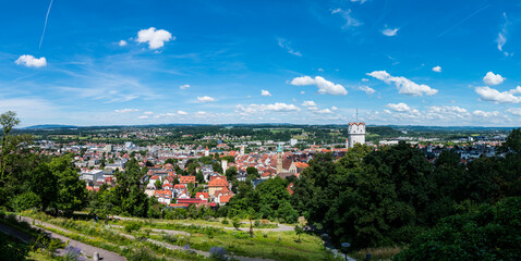 Germany, XXL Panorama view above old town of ravensburg city skyline of the beautiful village in summer with blue sky - obrazy, fototapety, plakaty