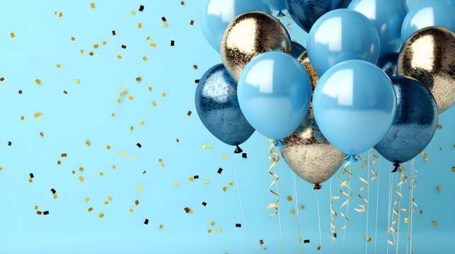 Fototapeta Blue and gold flying balloon on light blue background created with Generative AI 