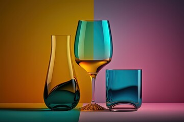AI generated illustration of a variety of glasses of cocktails arranged on blue and pink background