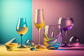 a variety of wine glasses sit on a counter top next to some stones