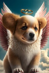 cute baby dog with angel wings like Cupid with hearts roses in the style of a Pixar movie ultra realistic volumetric ultra textured in a Disney Pixar animated movie atmosphere fantasy among clouds 