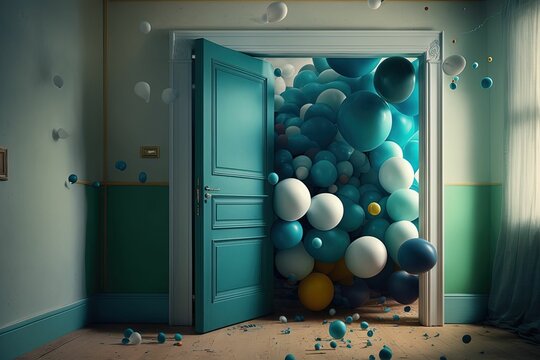 AI generated illustration of a blue cheerful room, filled with colorful balloons floating around