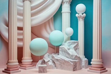 AI generated illustration of a vibrant arrangement of colorful balloons tied to ornate pillars