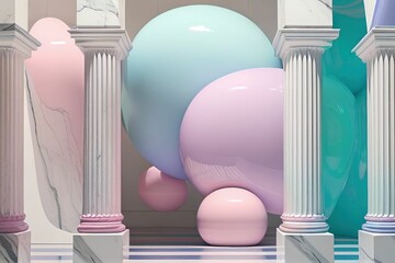 AI generated illustration of a stack of multi-colored balloons and cylindrical columns - obrazy, fototapety, plakaty