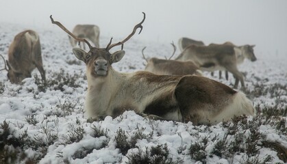 Majestic adult reindeer in snow-covered field in the Cairngorms, Scotland on a foggy day