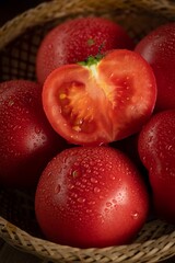 Selection of ripe tomatoes in a woven basket, with droplets of water glistening on their surfaces