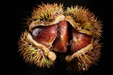 Closeup of a sweet chestnut on a black background