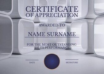 Certificate of appreciation in sales text with holding text for details in blue over white 3d shapes