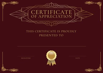 Certificate of appreciation text with rosette and decorative borders in gold on dark red