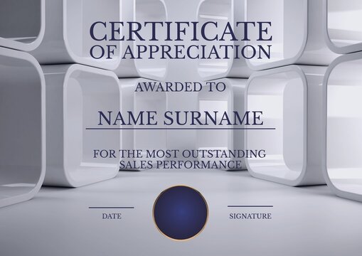 Certificate of appreciation in sales text with holding text for details in blue over white 3d shapes