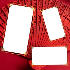 Three picture or text holding rectangular spaces with delicate gold borders on red fan background