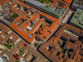 Beautiful aerial view of the city of Novara, Italy, Piedmont. Colorful sky. Scenic view. Morning scene.
