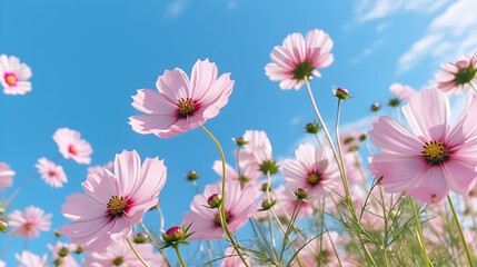 pink cosmos flowers with blur sky created with Generative AI 