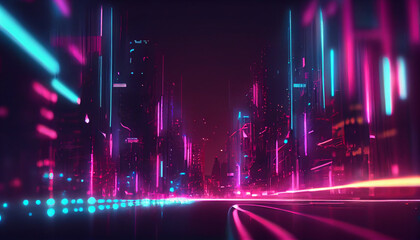 Abstract futuristic background with pink blue glowing neon city high speed city lines and bokeh lights. Data transfer concept Fantastic wallpaper Ai generated image